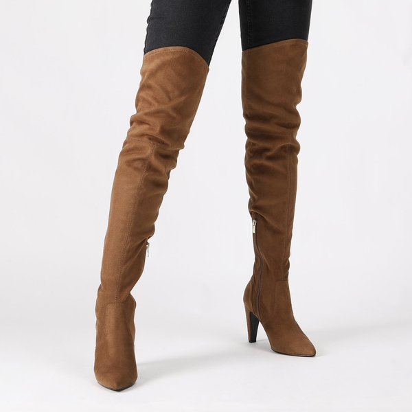 Thigh High Heeled Boots - BROWN SUEDE - 2